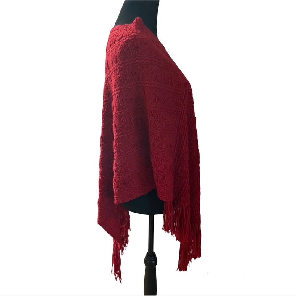 Knit Sweater Poncho Red Fringe Trim OS - Picture 3 of 6